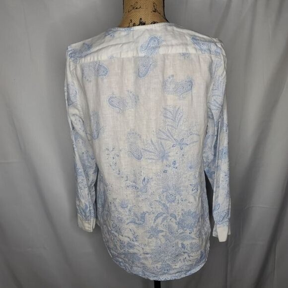 Soft Surroundings White Blue Paisley Floral Button Down Linen Shirt Coastal - Picture 3 of 11